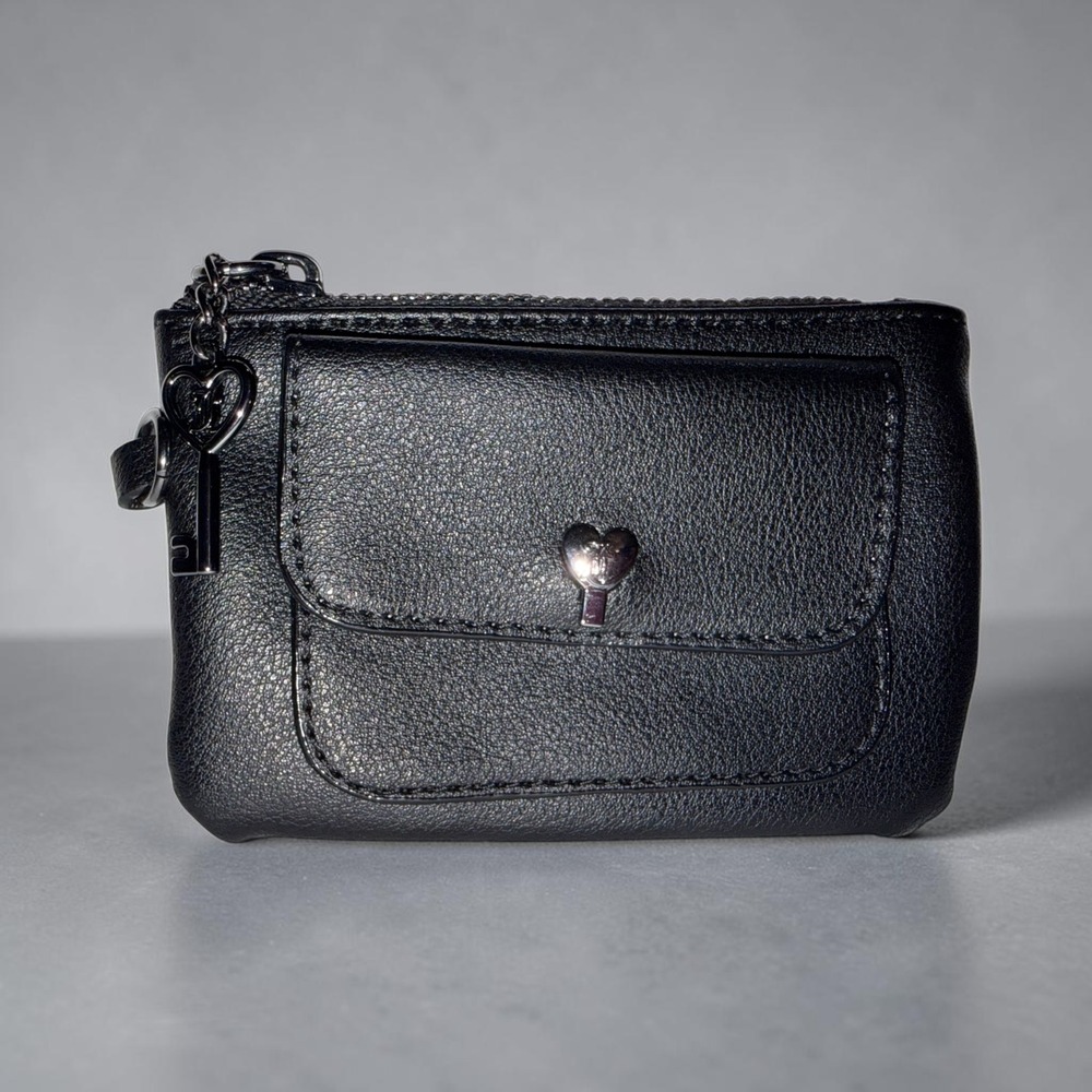 Juicy Couture Black Faux Leather Coin Purse Heart Key Charm Zip Pouch